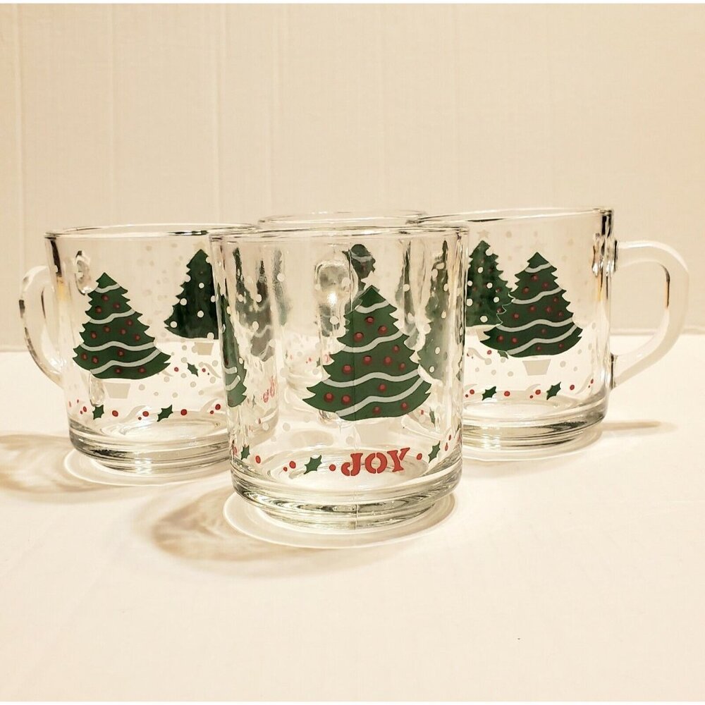 Vintage Anchor Hocking Glass Christmas Mugs Tree Joy Holly Set of 4 USA Holiday